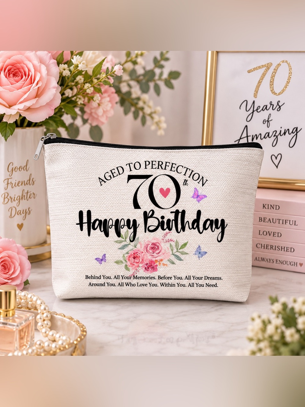 70th Birthday “Aged to Perfection” Cosmetic & Travel Zipper Pouch – Floral